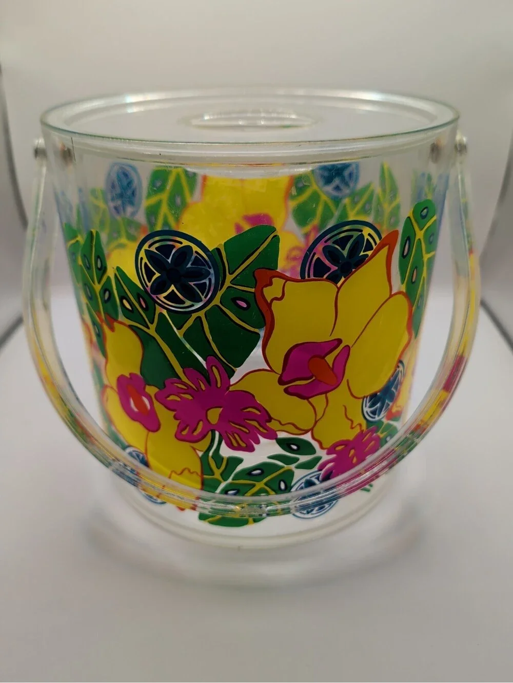 Vintage Acrylic Ice Bucket Tropical Floral Hawaiian Tiki Barware Retro 1980s